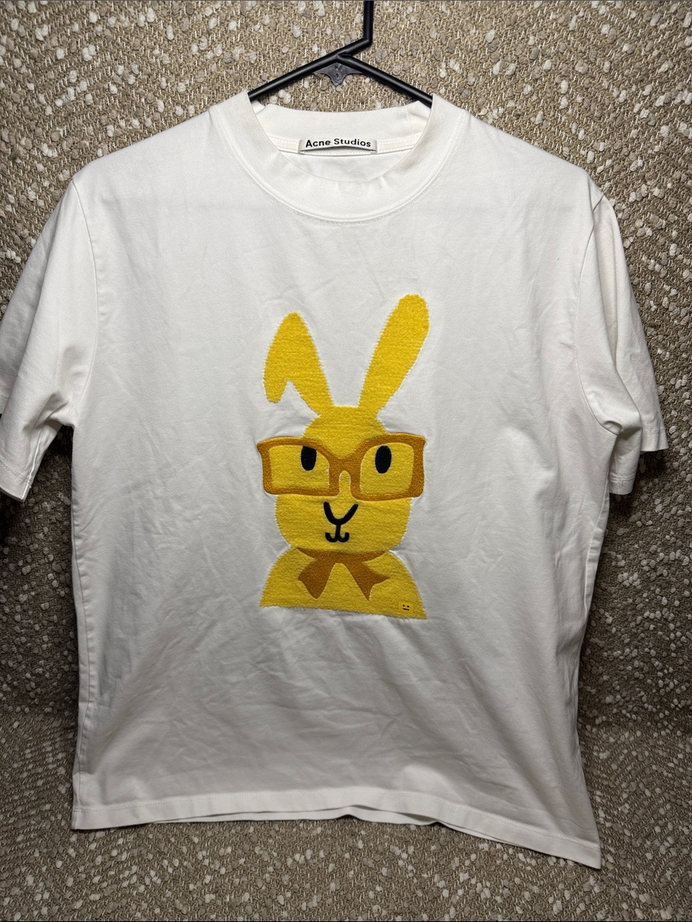 Acne White Short-Sleeve Tee with Yellow Bunny Graphic